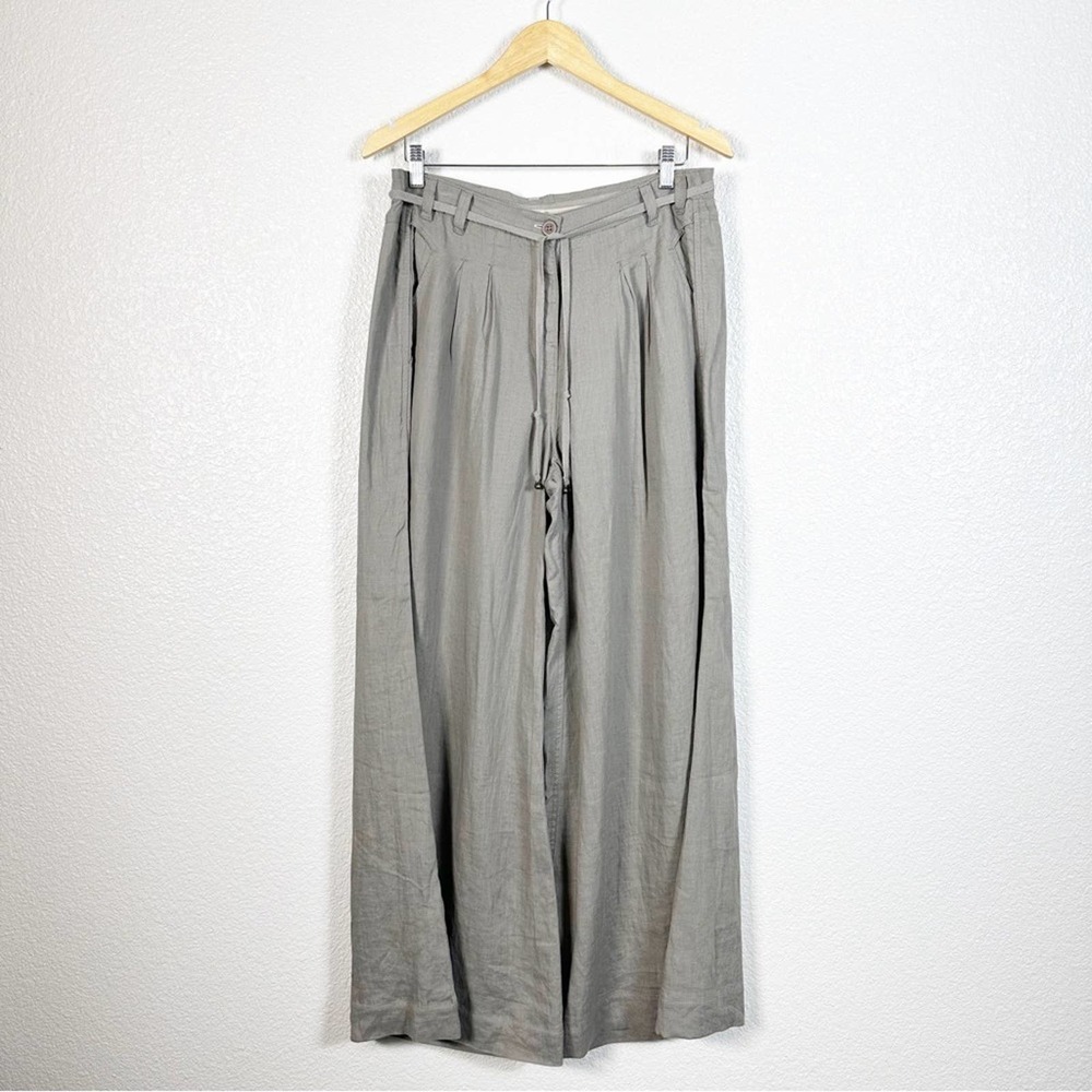 Wrap London Women’s 100% Linen Wide Leg Pleated Trouser Pants in Green Size 10